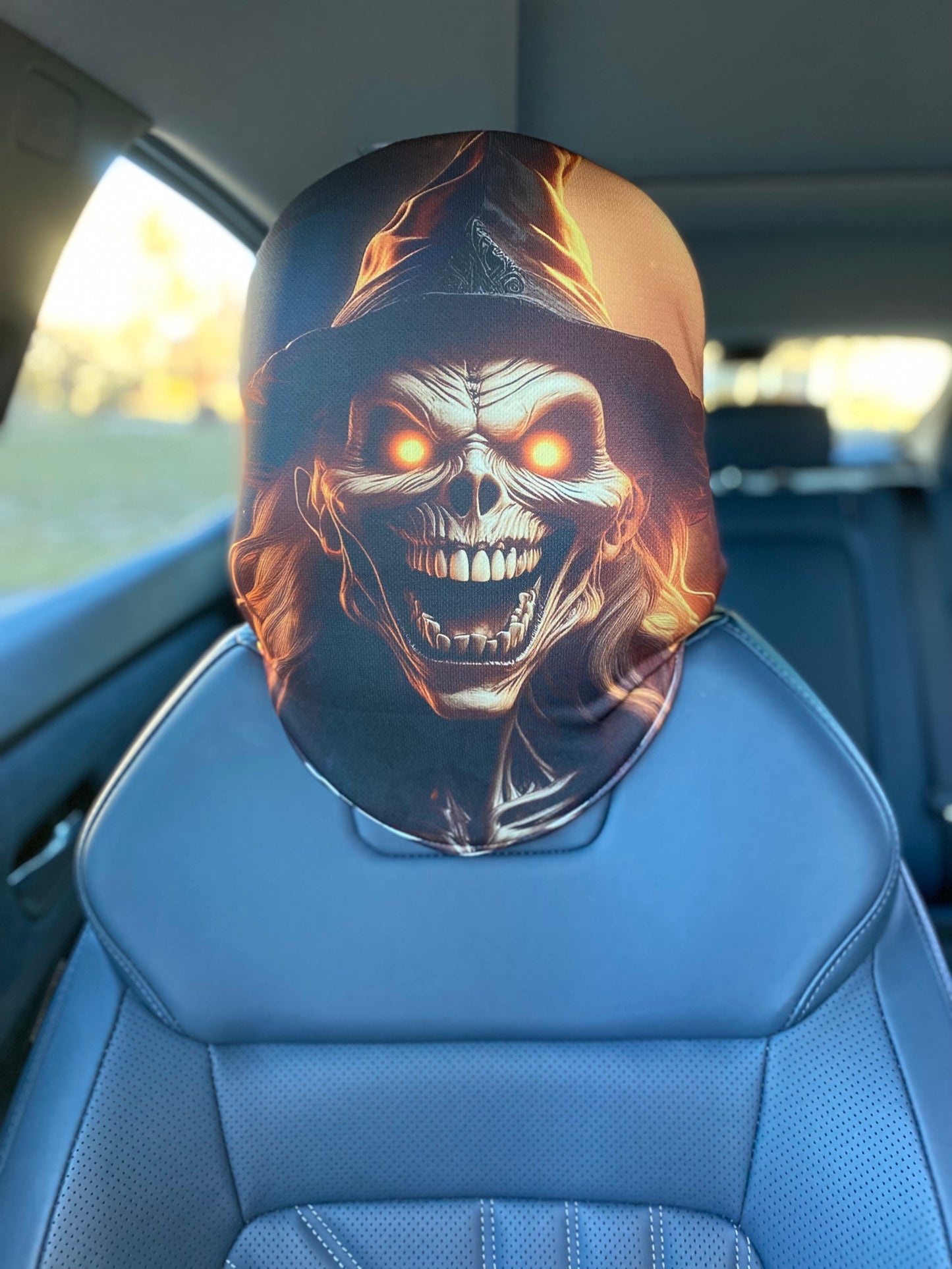 Hexed Horror – Flaming Witch Skull Car Headrest Cover by HeadzRest